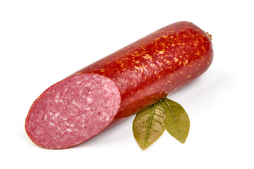 Smoked salami sausage, isolated on white background.