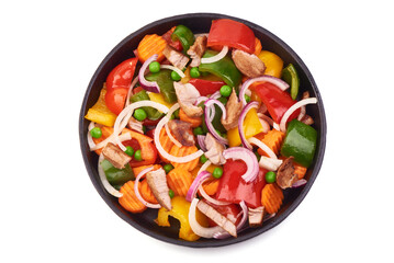 Stir Fried vegetables with meat pieces, isolated on white background.