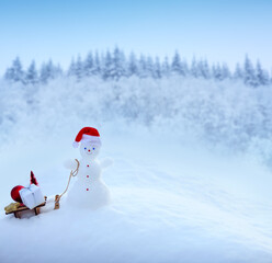 Christmas snowman with red hat and gifts stand in white snow.