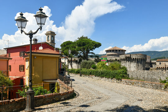 View of the old town with the fortress (13-15th centuries) in summer, Sarzana, La Spezia, Liguria, Italy