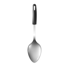 Illustration of a metal spoon with a plastic black handle.