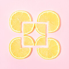 Lemon slices trendy composition on pastel pink background. Geometric food art. Minimal citrus fruits concept. Flat lay.