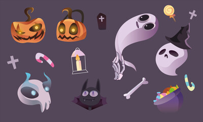 halloween monsters set ghost bat vampire pumpkins skull candys bone candle