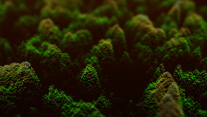 Abstract green point wave. Moss loft design. Trees on a dark background .Autumn forest from above. 3d illustration