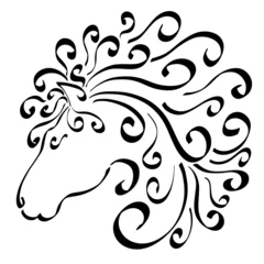 Fotobehang horse head with a lush curly mane, abstract black pattern with curls on a white background © YuliaRafael Nazaryan