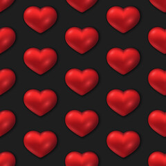 Red 3d hearts seamless pattern. Glossy gradient vector hearts on black background. Best for web, logo, print and St. Valentine's Day decoration. EPS 10.