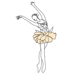 Printable one line ballerina drawing.   Black and white ballerina vector art. Portrait . Continuous Line Drawing Of Girl Dancing Ballet. Concept Minimalism Style, One line  llustration . © Nina