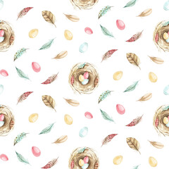Watercolor Seamless Patterns Feathers Cute Birds Nest Colorful 