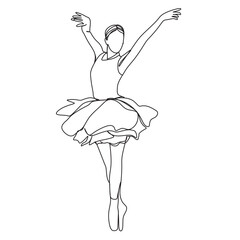 Printable one line ballerina drawing.   Black and white ballerina vector art. Portrait . Continuous Line Drawing Of Girl Dancing Ballet. Concept Minimalism Style, One line  llustration . © Nina