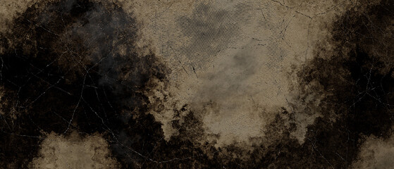 Ground dark brown grey cracked dark marbled scratched background with engrave corners, horror texture rusty surface panel liquid texture material background gray shades painted brown tones wall	
