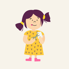 Girl in the yellow dress is cutting a piece of paper with scissors. Child character isolated on white background. Hand drawn illustration