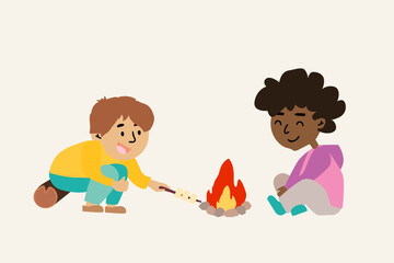 children are sitting around the fire. Children's characters isolated on a white background