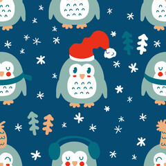 Winter penguins with snowflakes and christmas trees seamless pattern. Perfect print for paper, textile and fabric. Hand drawn vector illustration for decor and design.