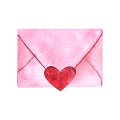 pink love letter with heart watercolor isolated on white background