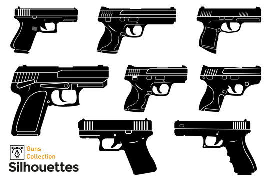 Isolated silhouettes of firearms. Isolated guns.