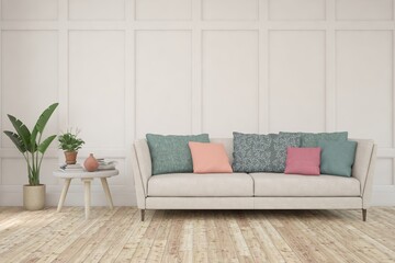 White living room with sofa. Scandinavian interior design. 3D illustration
