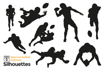 Set of isolated silhouettes of american football players in different poses.