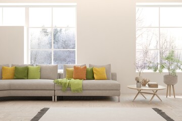 White living room with sofa and winter landscape in window. Scandinavian interior design. 3D illustration