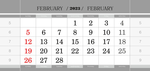 February 2023 quarterly calendar block. Wall calendar in English, week starts from Sunday.