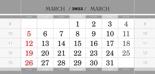 March 2023 quarterly calendar block. Wall calendar in English, week starts from Sunday.