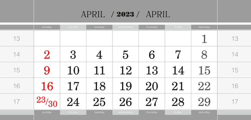 April 2023 quarterly calendar block. Wall calendar in English, week starts from Sunday.