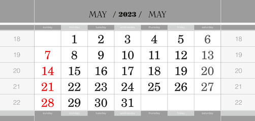 May 2023 quarterly calendar block. Wall calendar in English, week starts from Sunday.