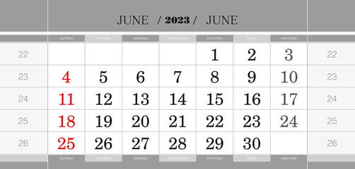 June 2023 quarterly calendar block. Wall calendar in English, week starts from Sunday.