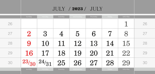 July 2023 quarterly calendar block. Wall calendar in English, week starts from Sunday.