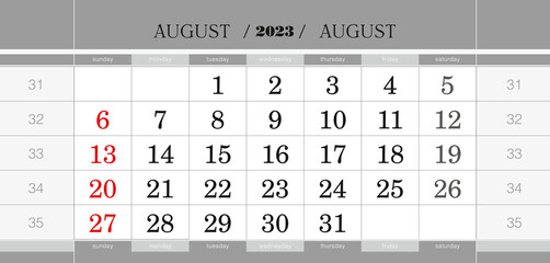 August 2023 quarterly calendar block. Wall calendar in English, week starts from Sunday.