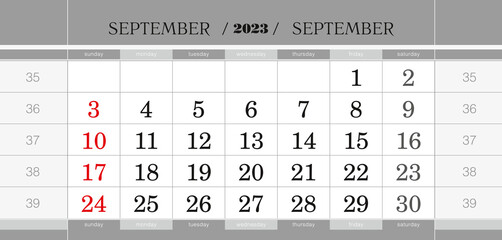 September 2023 quarterly calendar block. Wall calendar in English, week starts from Sunday.