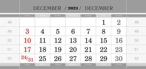 December 2023 quarterly calendar block. Wall calendar in English, week starts from Sunday.