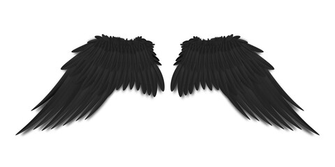 Black bird or dark angel wings with realistic feathers from back view isolated.  illustration of two big spread wings.
