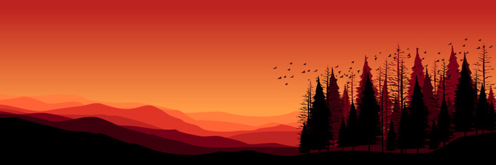 sunrise mountain view landscape vector illustration good for wallpaper, background, backdrop, banner, web, travel, tourism, adventure, and design template