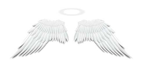 Angels white feather wings with glowing halo aureole, realistic mockup vector illustration isolated on grey background. Heaven saint symbol or sign template.