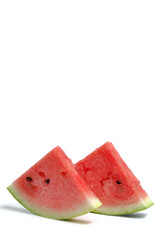 Two slices ripe red watermelon white background.