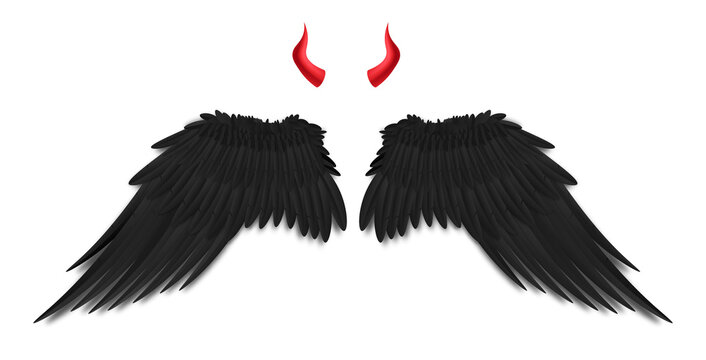 Template of devil black feather wings and small red horns, realistic vector illustration isolated on grey background. Demon attributes or Halloween costume elements.