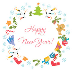 Fototapeta na wymiar Cheerful New Year banner with a Christmas tree, a New Year's ball, cookies, sweets, snowflakes, felt boots and fir twigs
