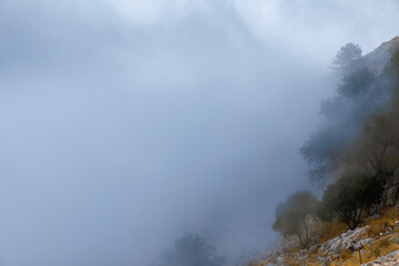 Landscape in the clouds under Mount Pantokrator on the island of Corfu