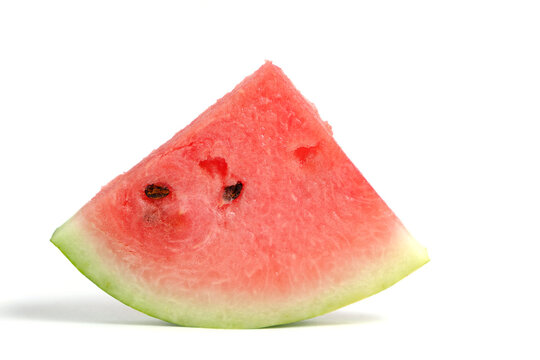 One slices ripe red watermelon white background.