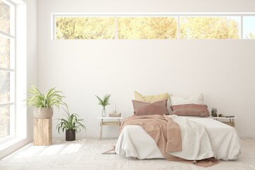 White bedroom interior. Scandinavian design. 3D illustration