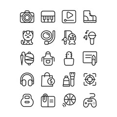 Hobby and entertainment icon set vector. Leisure weekend activity outline sign, line symbol collection. Photo, music, hiking, diving, fishing, cooking, gaming. Editable stroke, pixel perfect 48x48.