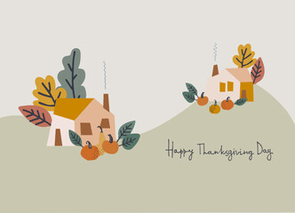 Happy Thanksgiving Day cozy holiday design. Hand-lettered greeting phrase with country house, pumpkins, autumn leaves on white background. Greeting card template, logo