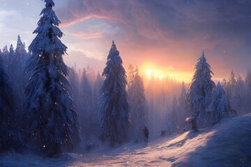 Sunrise in a snowy winter landscape. 