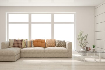 White living room with sofa. Scandinavian interior design. 3D illustration