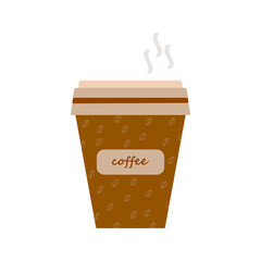 Cardboard glass with a lid with the inscription coffee.Coffee Cup isolated on a white background.Coffee with smoke.