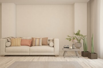 White living room with sofa. Scandinavian interior design. 3D illustration