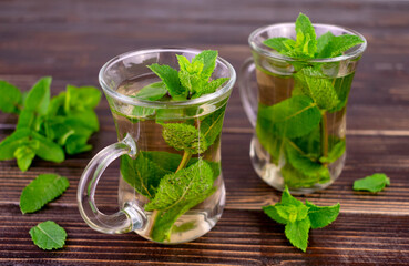 Mint tea. Two cups of mint tea on a dark wooden background.
