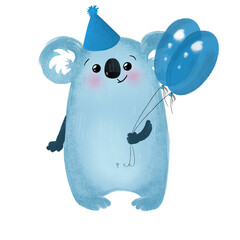 Cute Koala with blue balloons. Children's illustration is suitable for creating greeting cards, invitations.  - 530883606