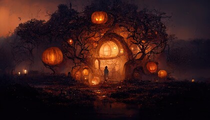 Gloomy background for Halloween. Landscape with pumpkins and neon, dramatic, dry branches, tree silhouettes, scary night. 3D illustration	
