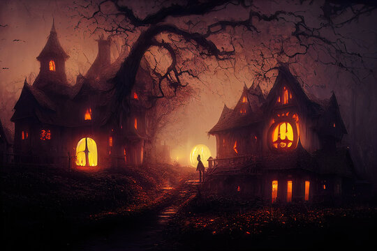 Gloomy background for Halloween. Landscape with pumpkins and neon, dramatic, dry branches, tree silhouettes, scary night. 3D illustration	
